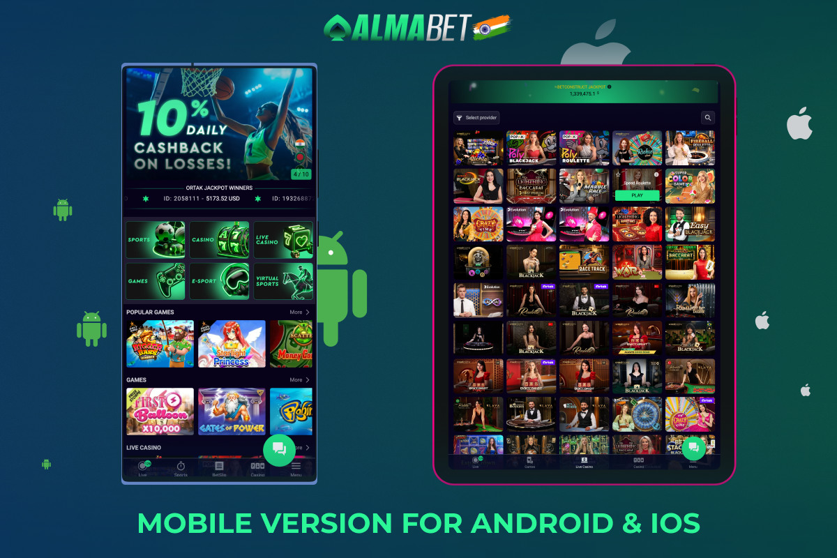 The mobile version of Almabet is available to Indian Android and iOS users