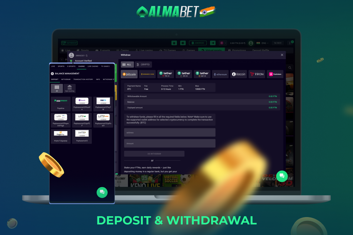 You can deposit and withdraw your winnings from Almabet India using a variety of payment methods