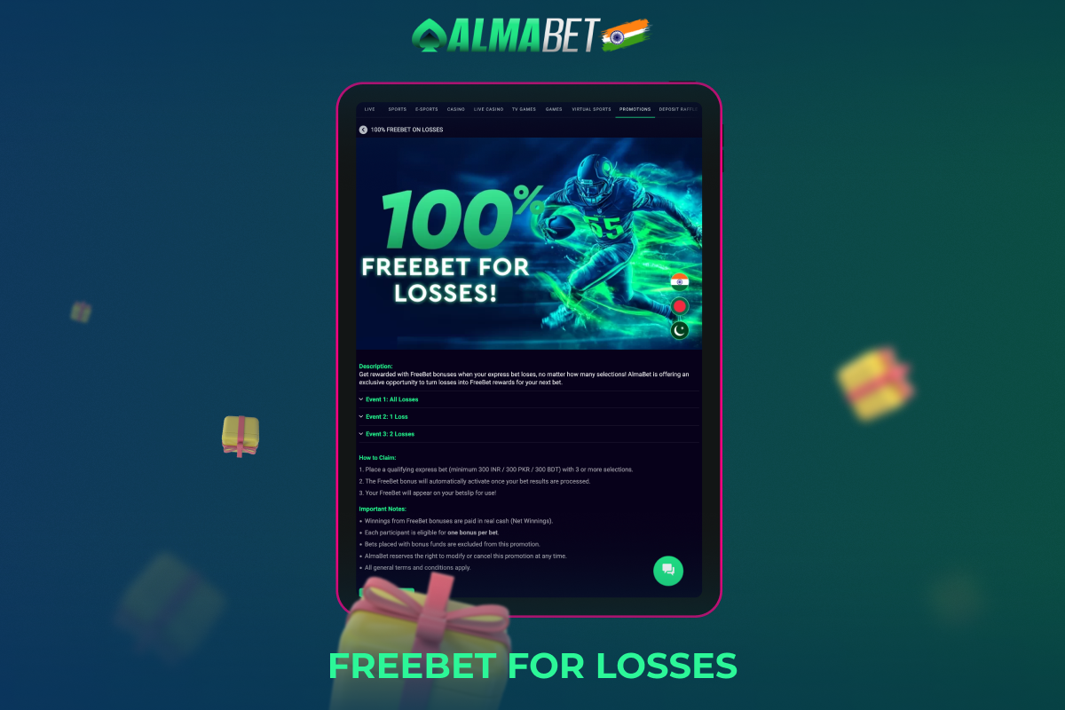Freebet For Losses in Almabet allows the user to get a bonus in case the express bet does not play out