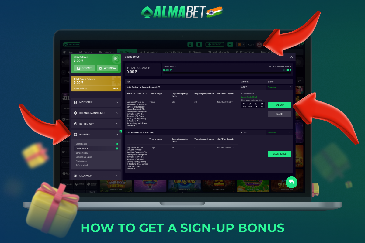 In order to receive a welcome bonus at Almabet India, you need to fulfill a few simple conditions