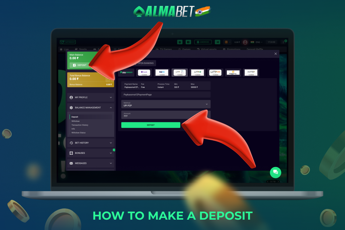 In order to make a deposit to Almabet you need to follow a few simple steps