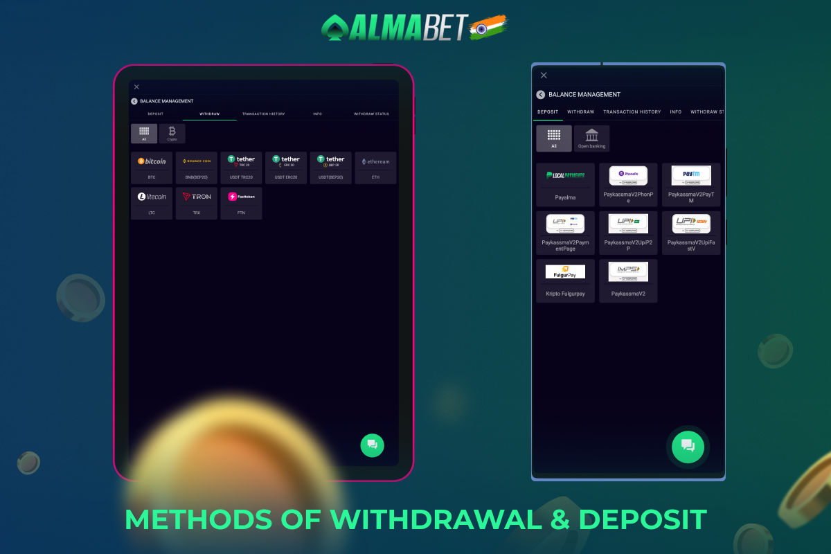 Once registered with Almabet, users from India have access to financial transactions such as deposits and withdrawals